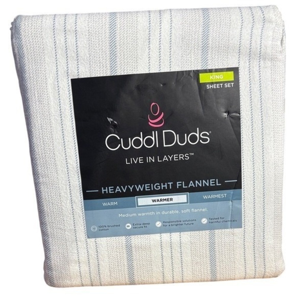 Cuddl Duds King Heavyweight Flannel Sheet Set Light Blue Striped Gift NEW